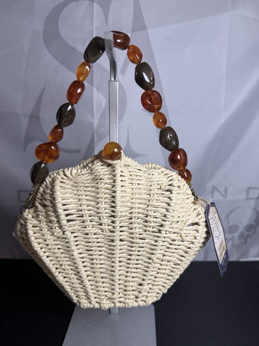 Sun N Sand Woven Straw Shell Handbag With Beaded Handle